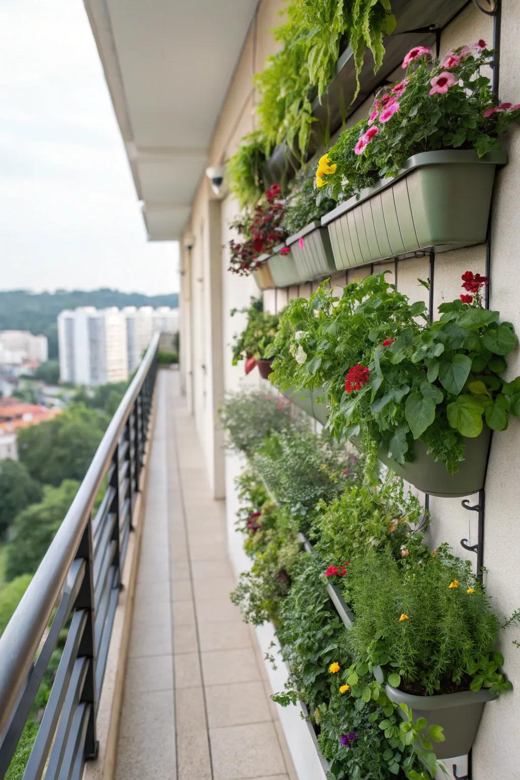 Vertical garden arrangement maximizing balcony space.