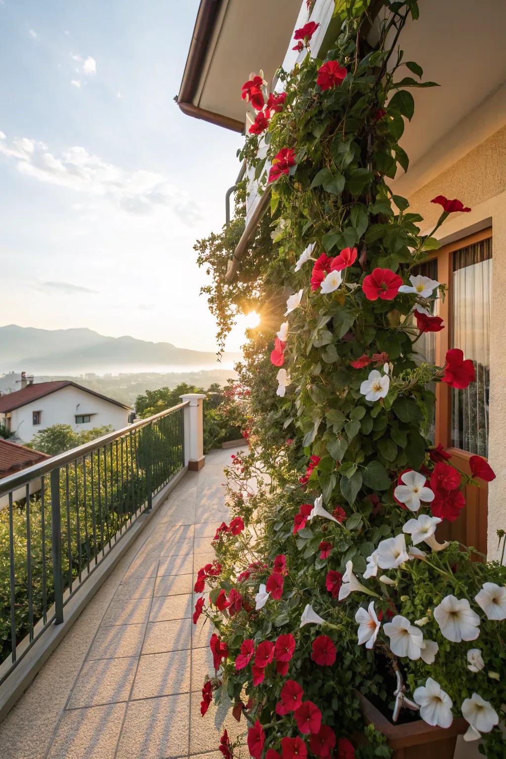 Striking Mandevilla vine climbing a balcony trellis.