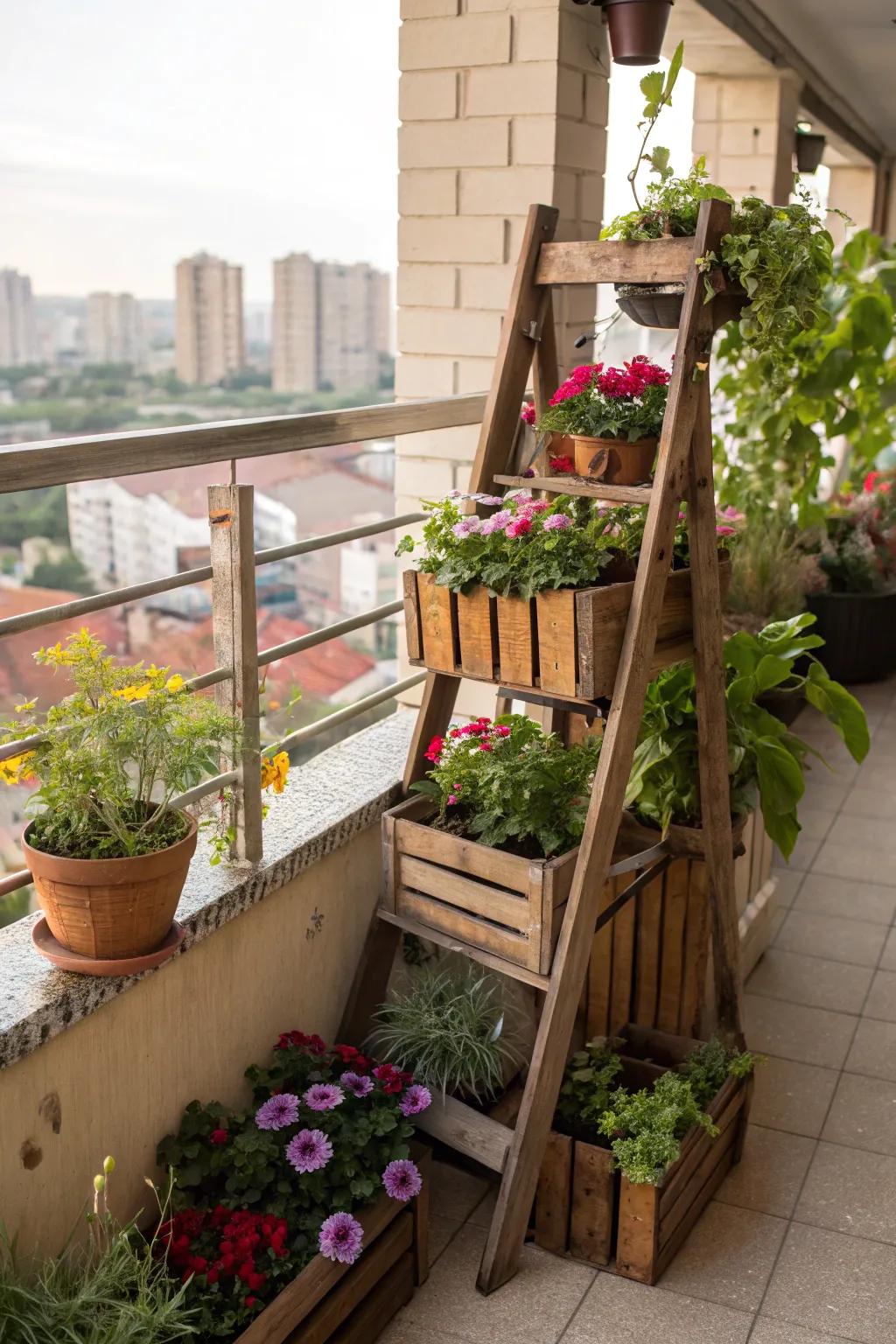 Artistic uses of unconventional containers in balcony gardening.