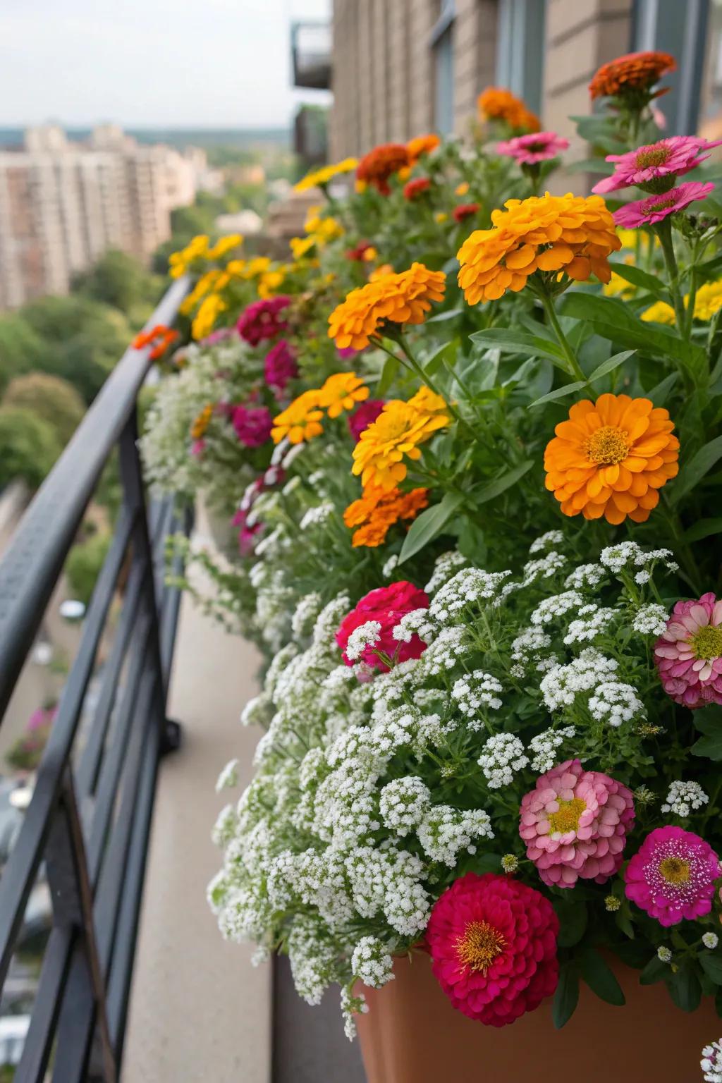 Full planters bursting with colorful flowers.