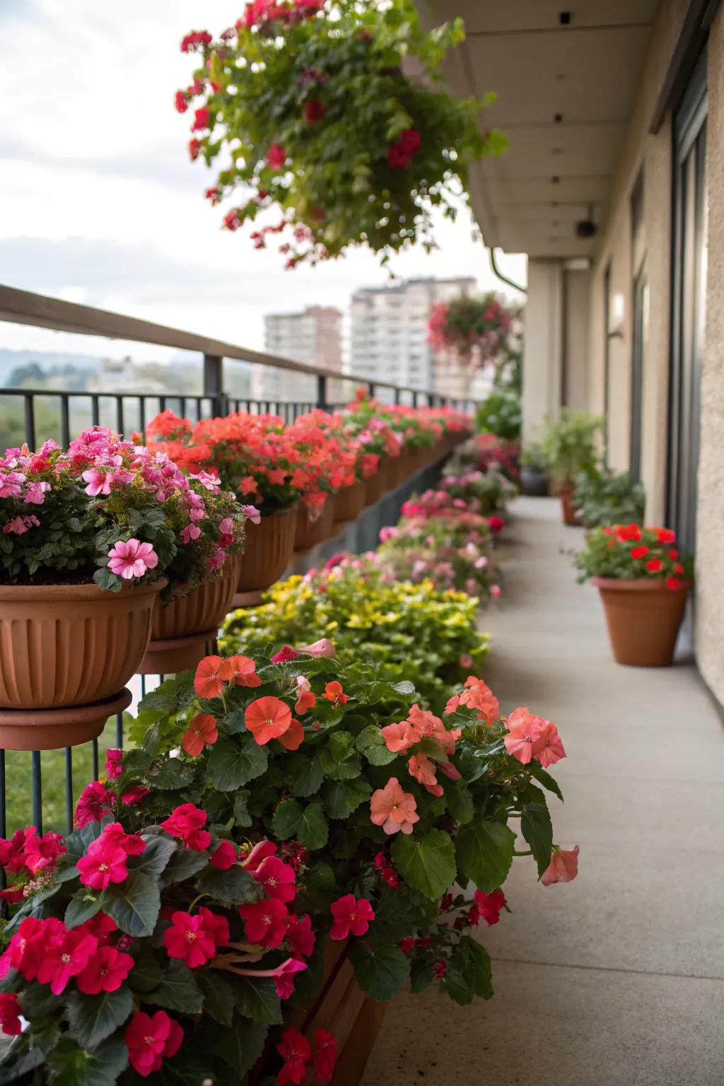 Flourishing shade-tolerant flowers on a balcony.
