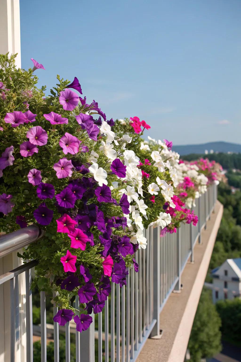 Trailing petunias spilling elegantly from balcony containers.