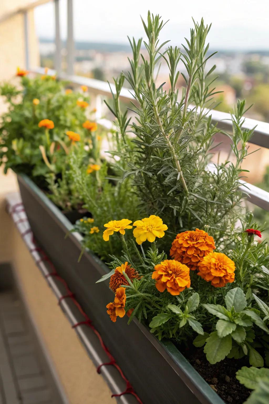 A fragrant and colorful garden with herbs and flowers intertwined.