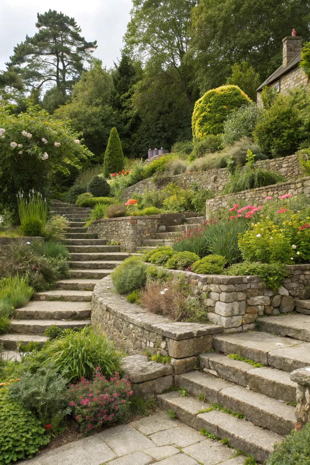 Garden tiers made of stones add depth and visual interest.