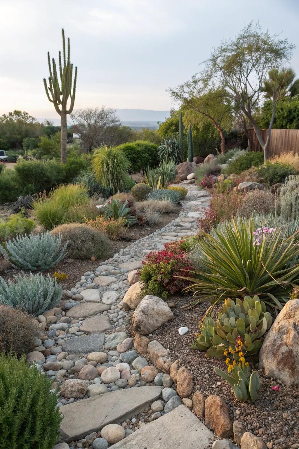 Stone landscaping is perfect for water-conserving gardens.
