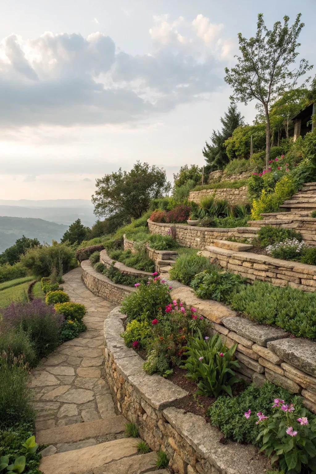 Stone terraces add dimension and help with water management.