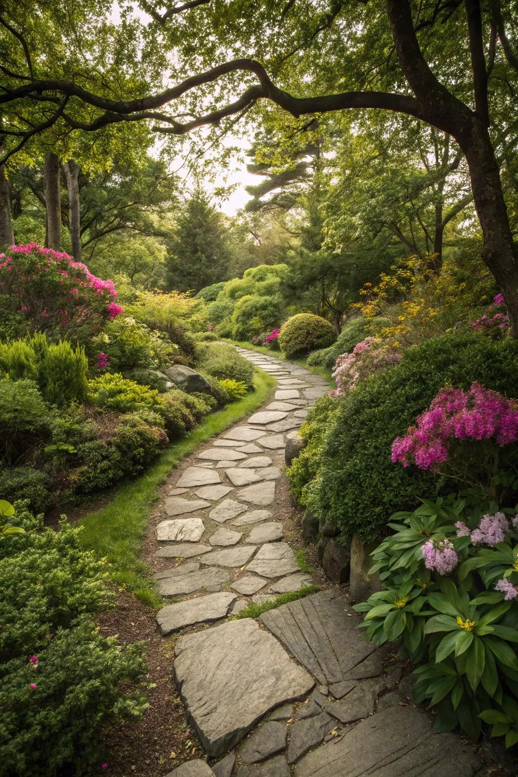 A natural stone pathway adds charm to any garden.