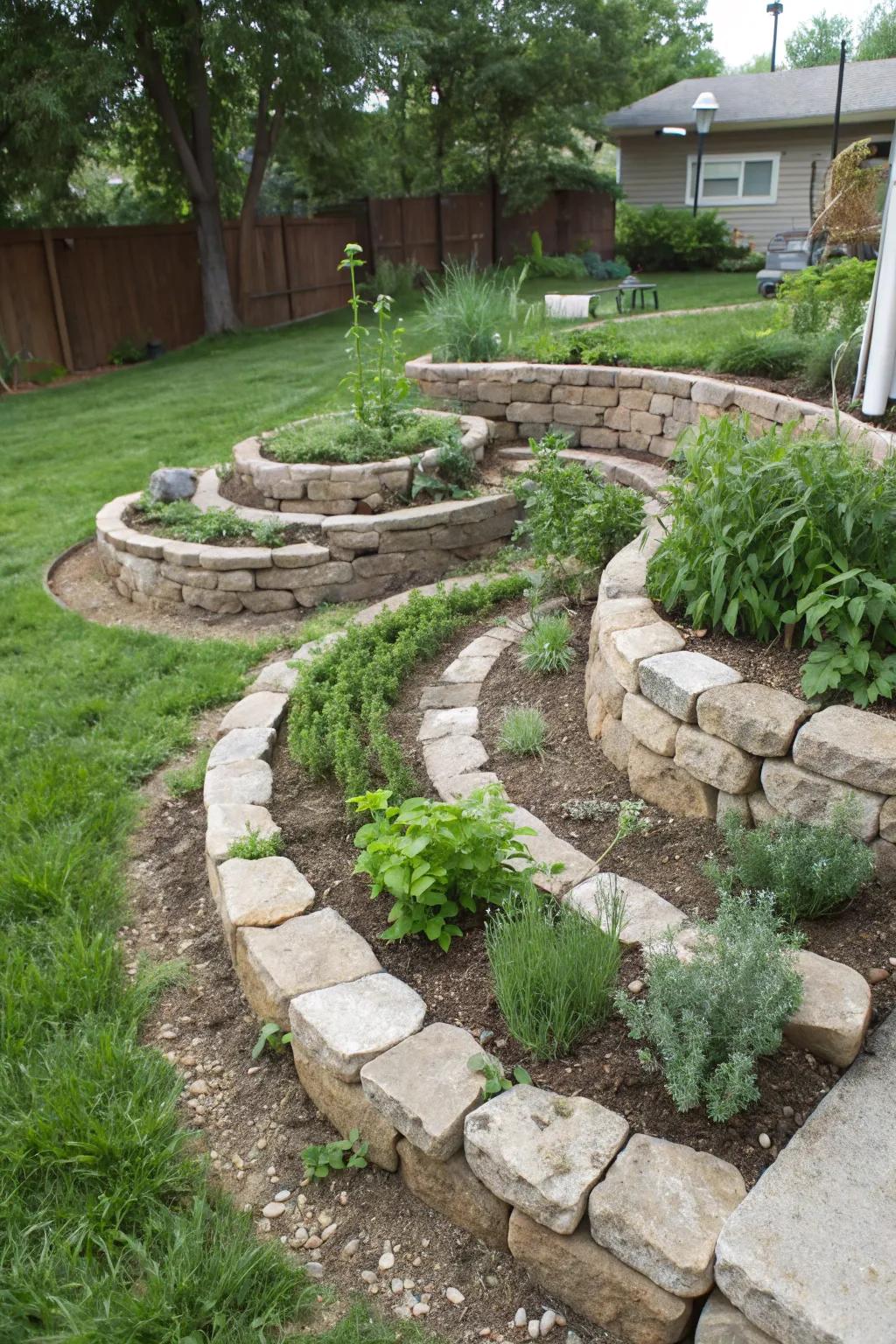 Stone spiral herb gardens maximize space with style.