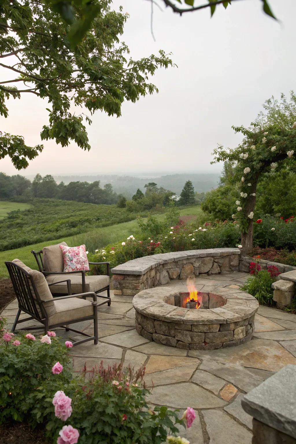 Stone fire pits create inviting spaces for outdoor gatherings.