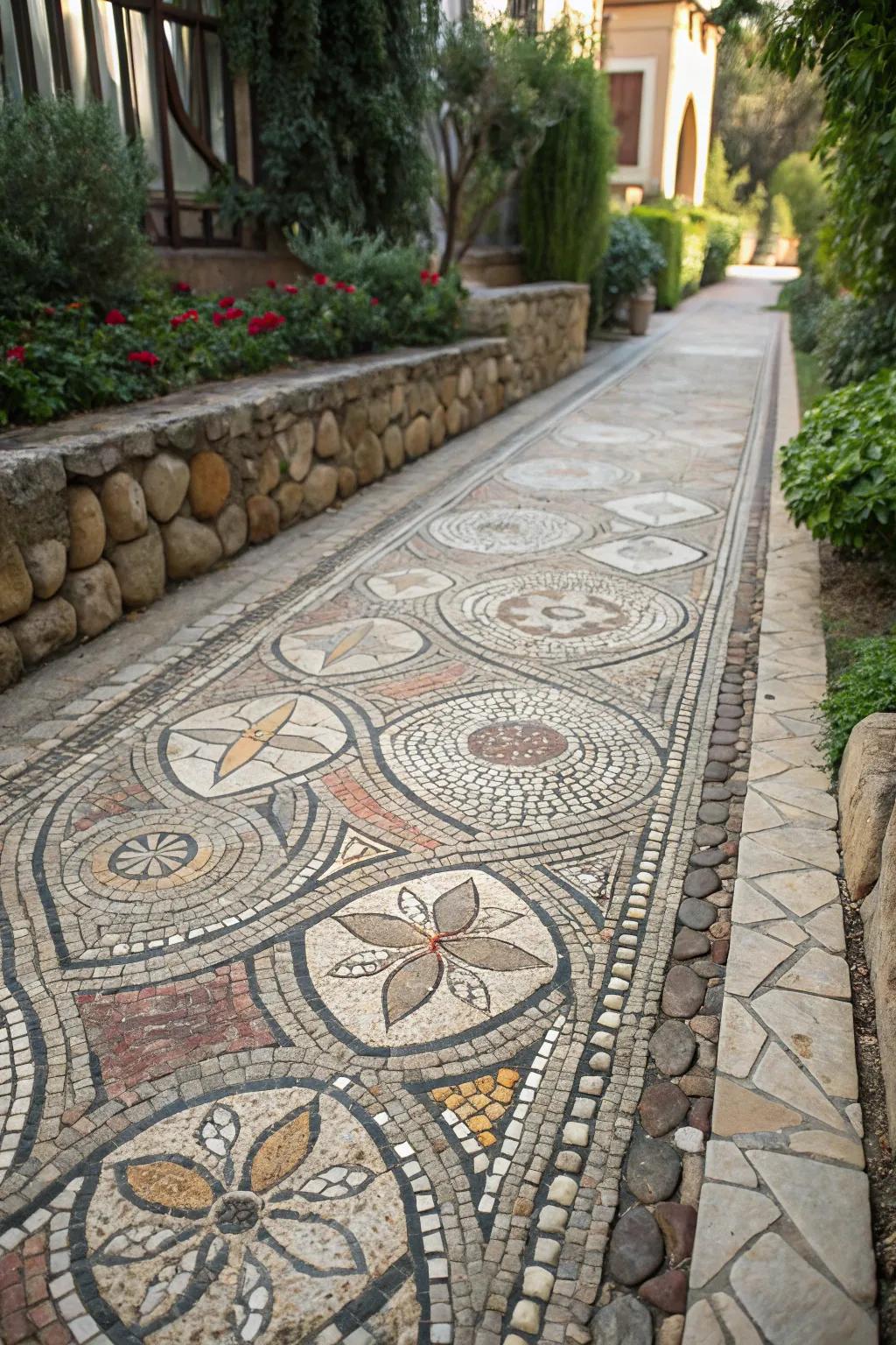 Stone mosaic pathways combine functionality with artistry.