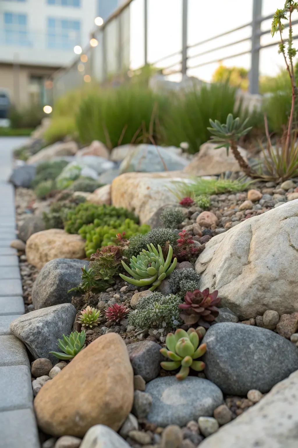 Rock gardens offer a blend of textures and colors with minimal upkeep.