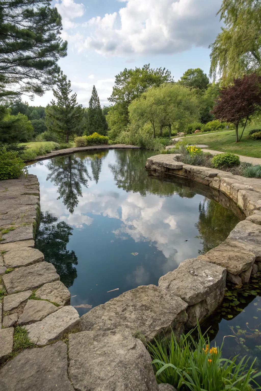Stone borders around ponds create a seamless natural look.