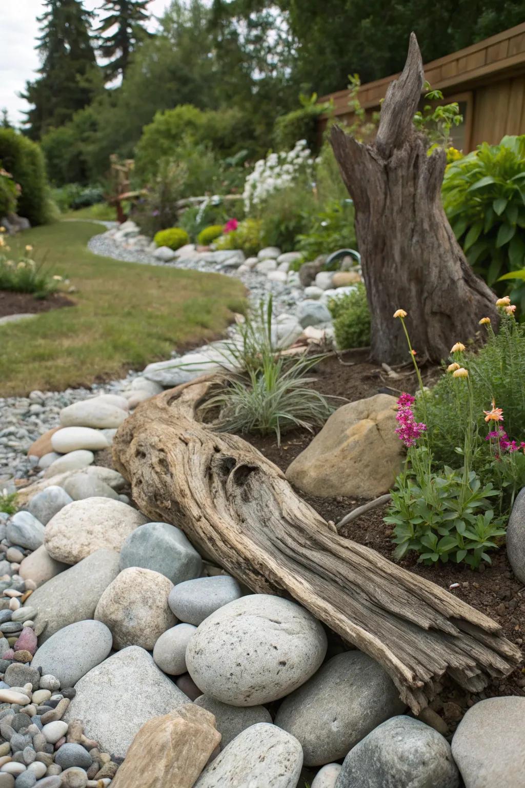 Stones paired with driftwood create a rustic, coastal ambiance.