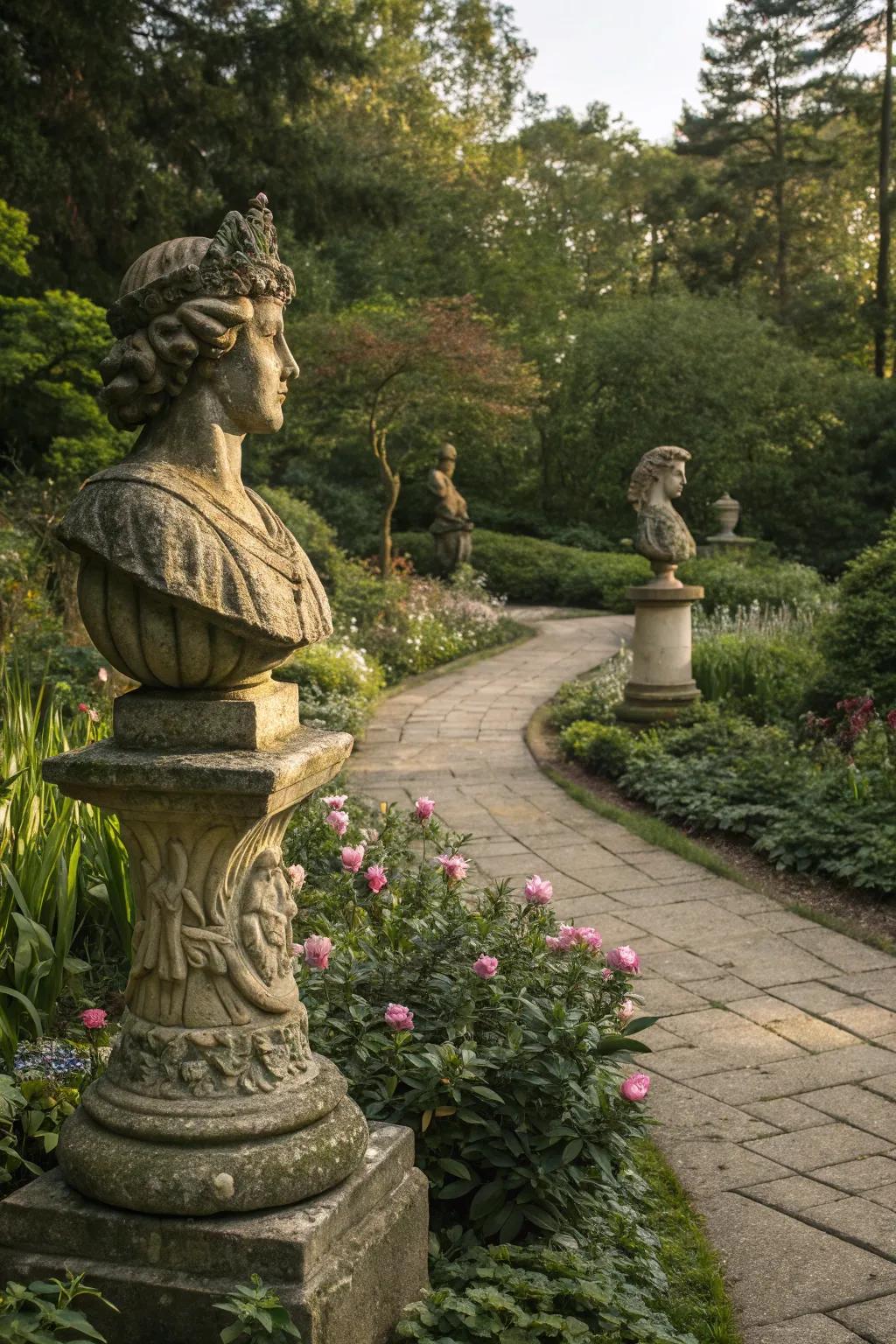 Stone sculptures add an artistic element to garden spaces.