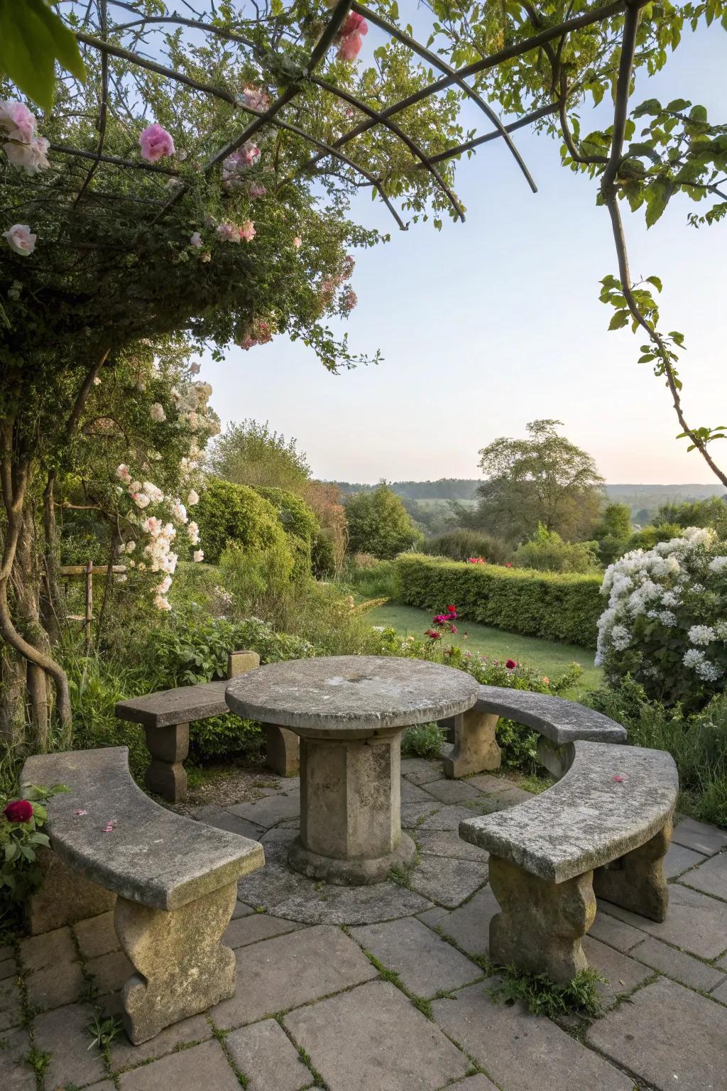 Stone seating areas offer a natural space for relaxation.