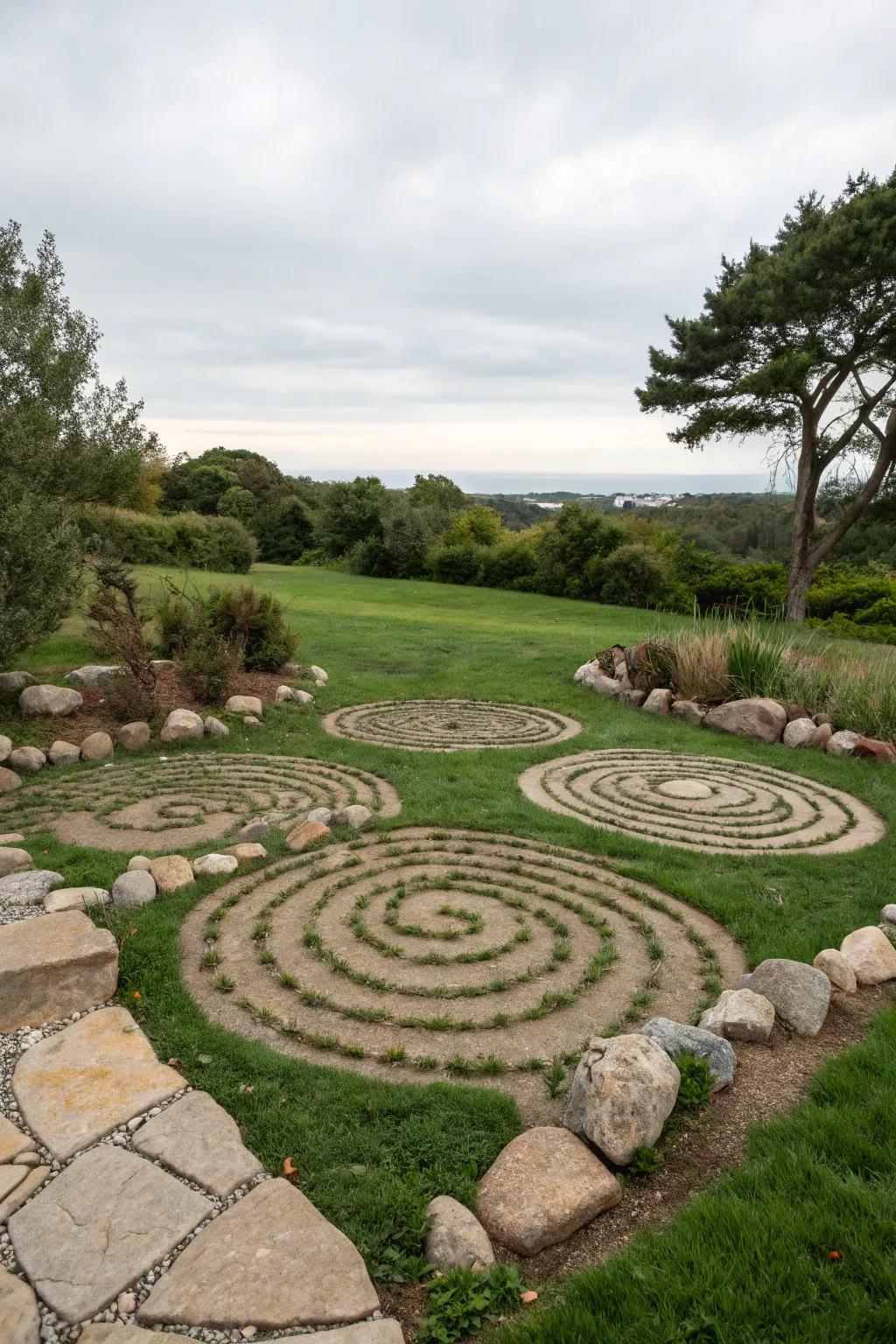 Decorative stone patterns add an artistic flair to gardens.