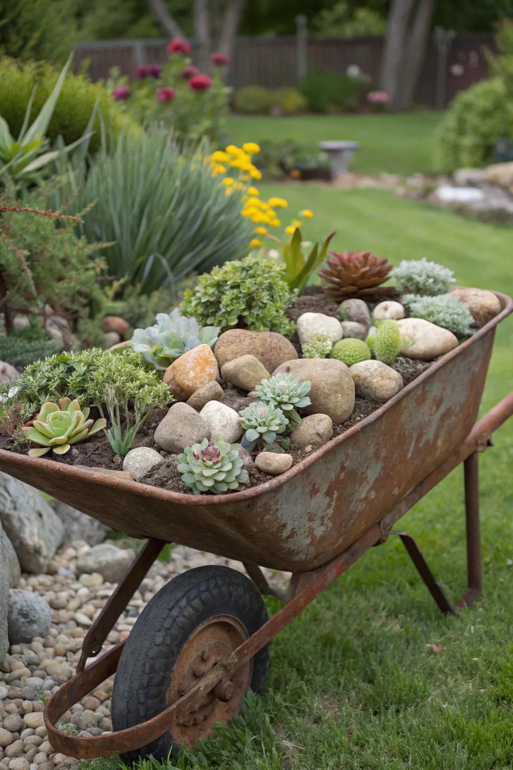 Repurposed containers with stones add whimsy to gardens.