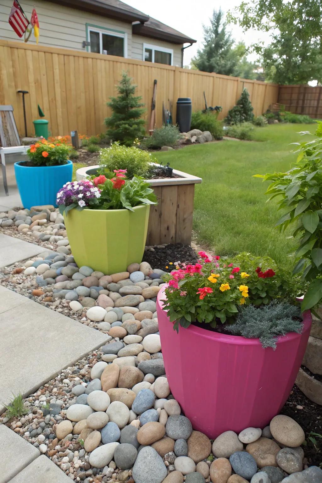 Planters paired with stones make for eye-catching garden displays.