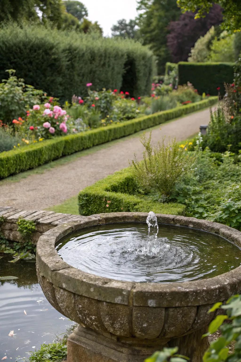 Stone water features bring tranquility to garden spaces.