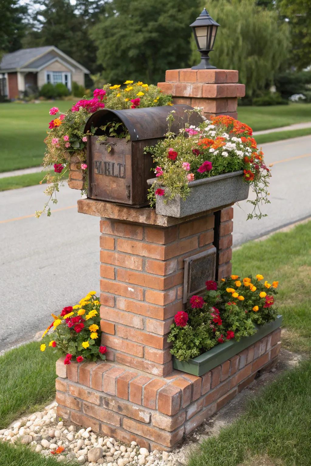 Add versatility with planter boxes integrated as mailbox toppers.