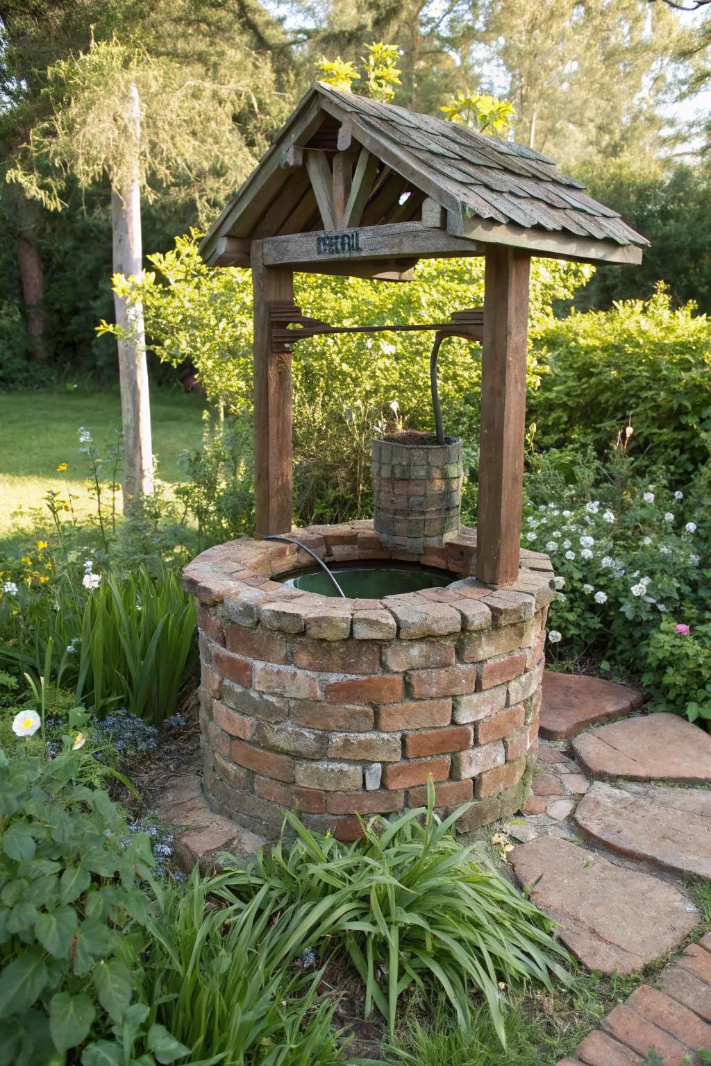 Wishing well crafted from reclaimed bricks and wood, <a href=