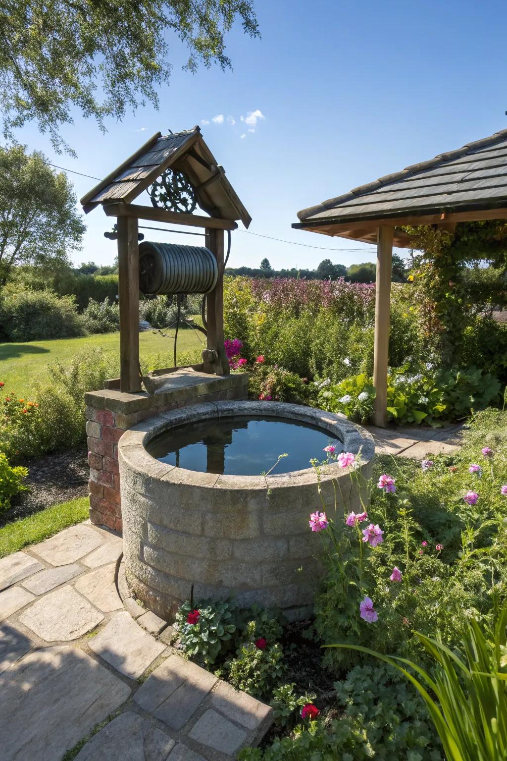 Wishing well equipped for rainwater collection, supporting eco-friendly gardening.