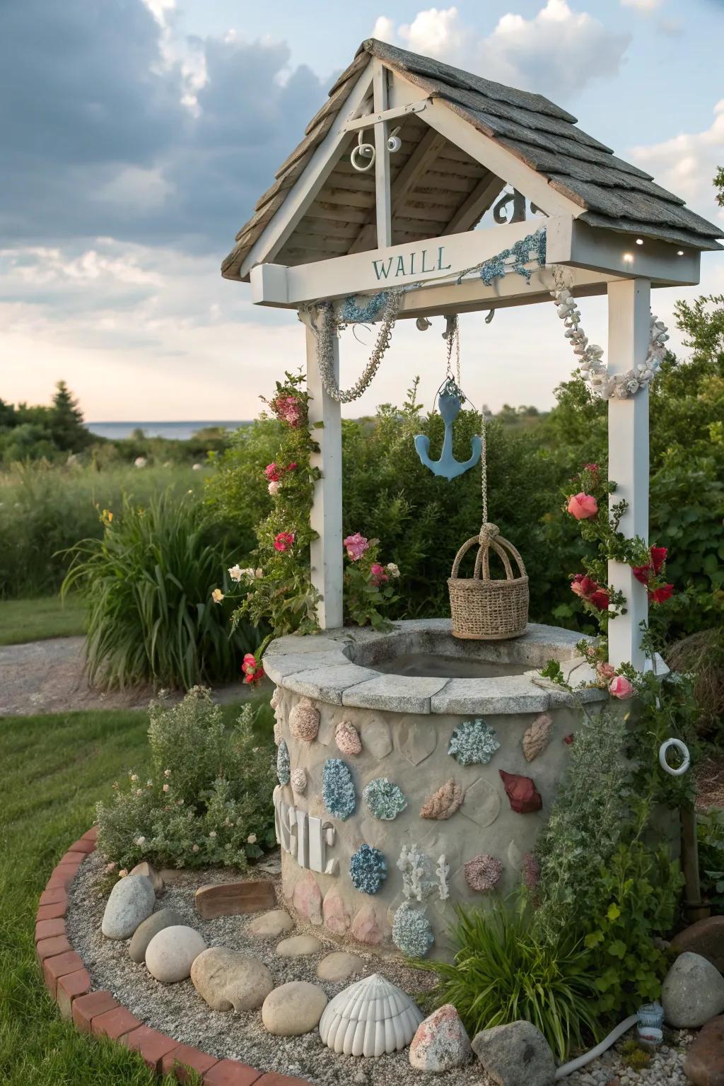 Wishing well themed with nautical decorations, creating a charming garden nook.