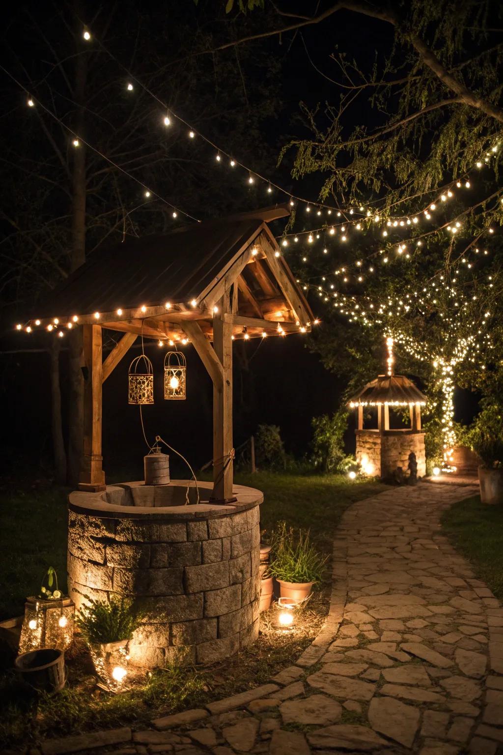 Wishing well softly illuminated with glowing lights, perfect for night garden allure.
