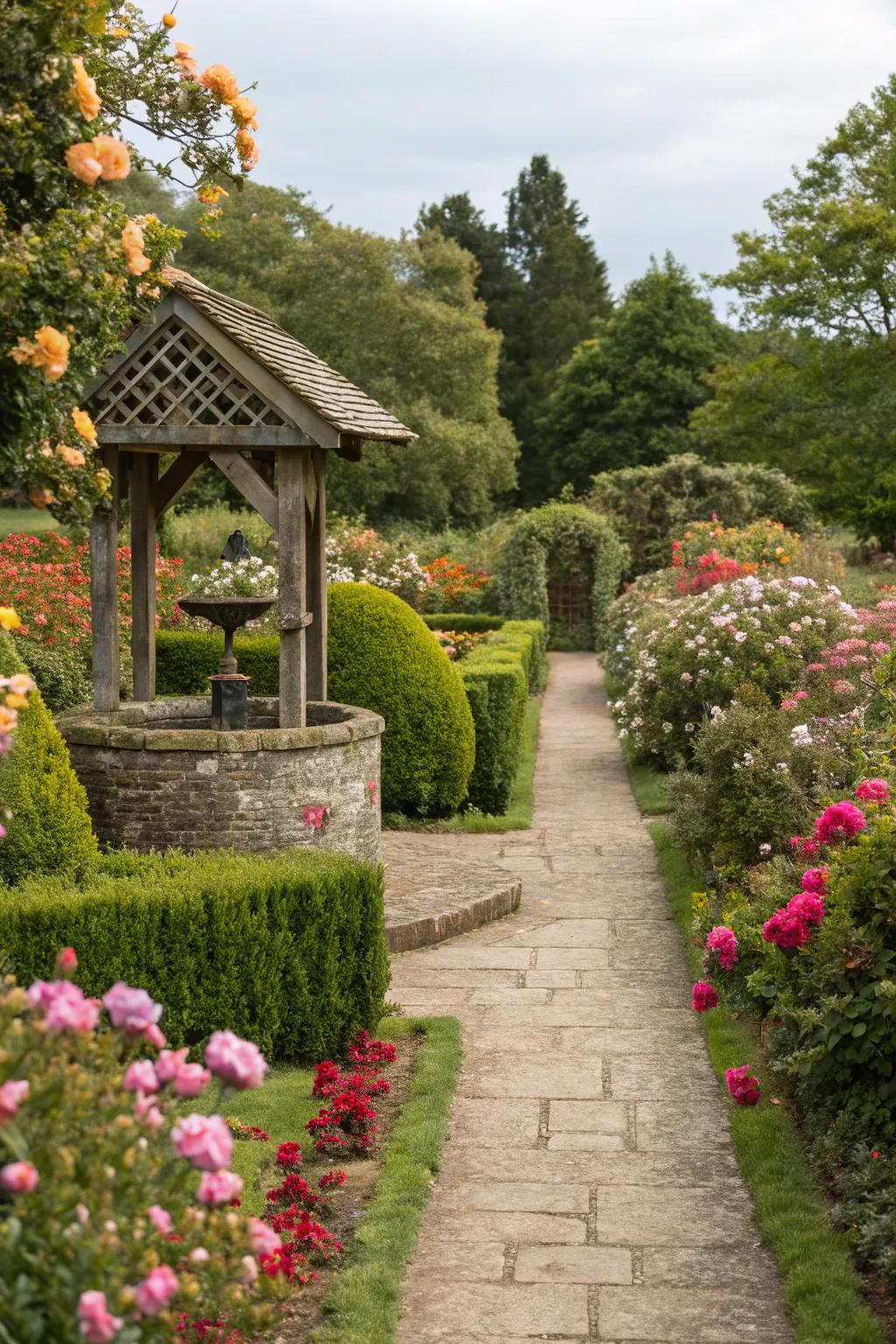 A well-defined stone pathway leading guests to the beautifully decorated wishing well.