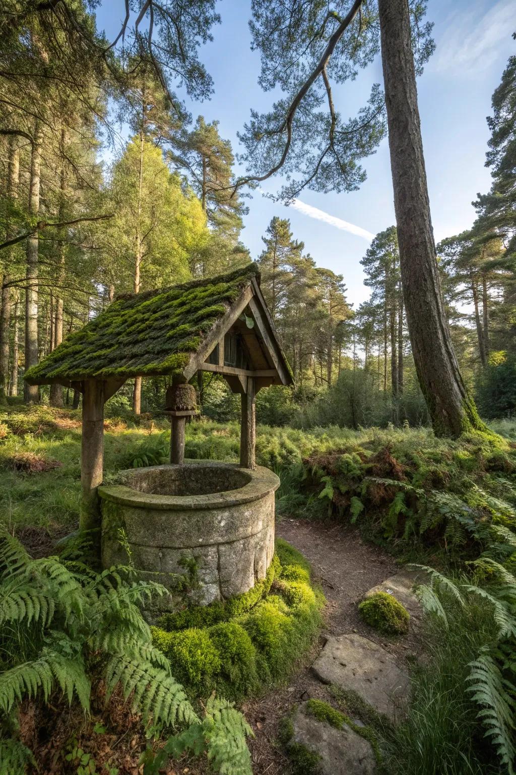 A whimsical woodland corner featuring lush ferns and moss surrounding a fairytale wishing well.