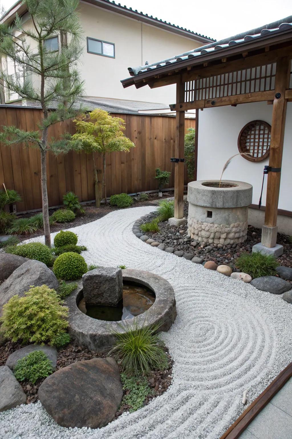 Tranquil Zen garden featuring minimalist plants and a calm wishing well centerpiece.