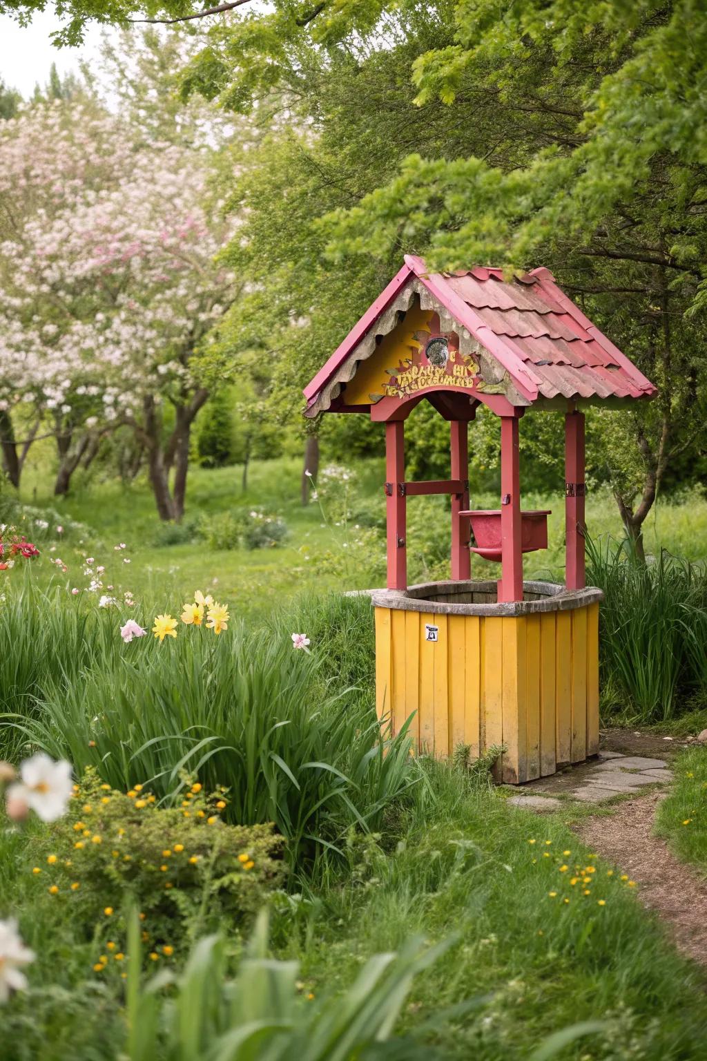 Brightly painted wishing well, adding vibrant hues to a lush garden backdrop.