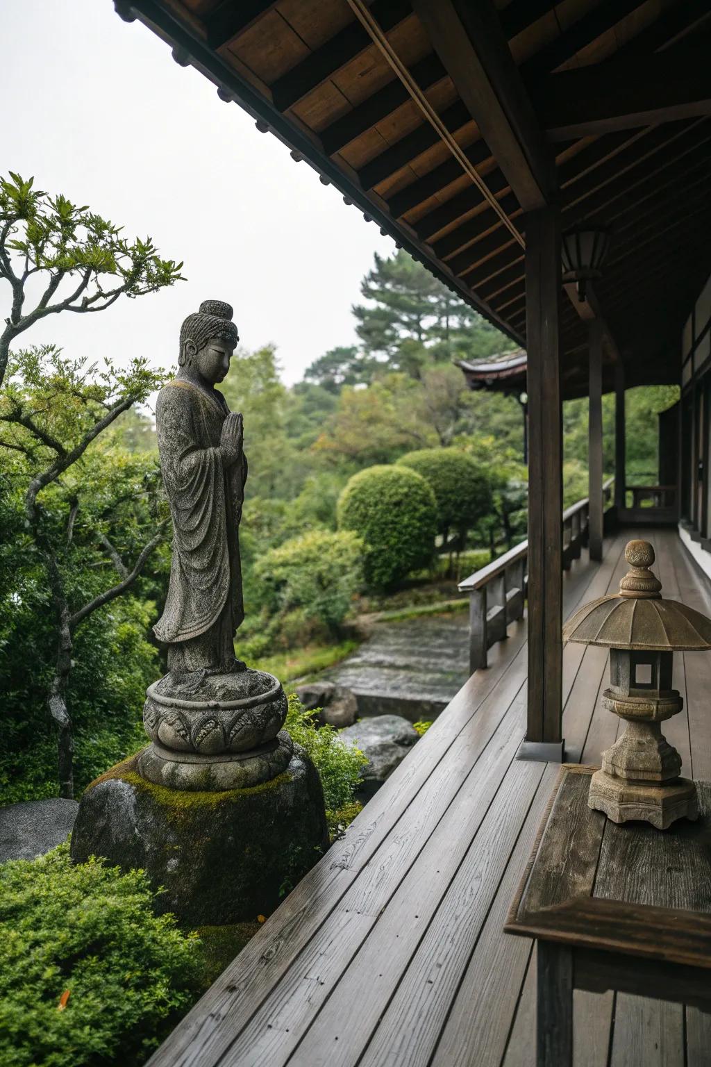 Stone statues adding cultural depth to the deck.