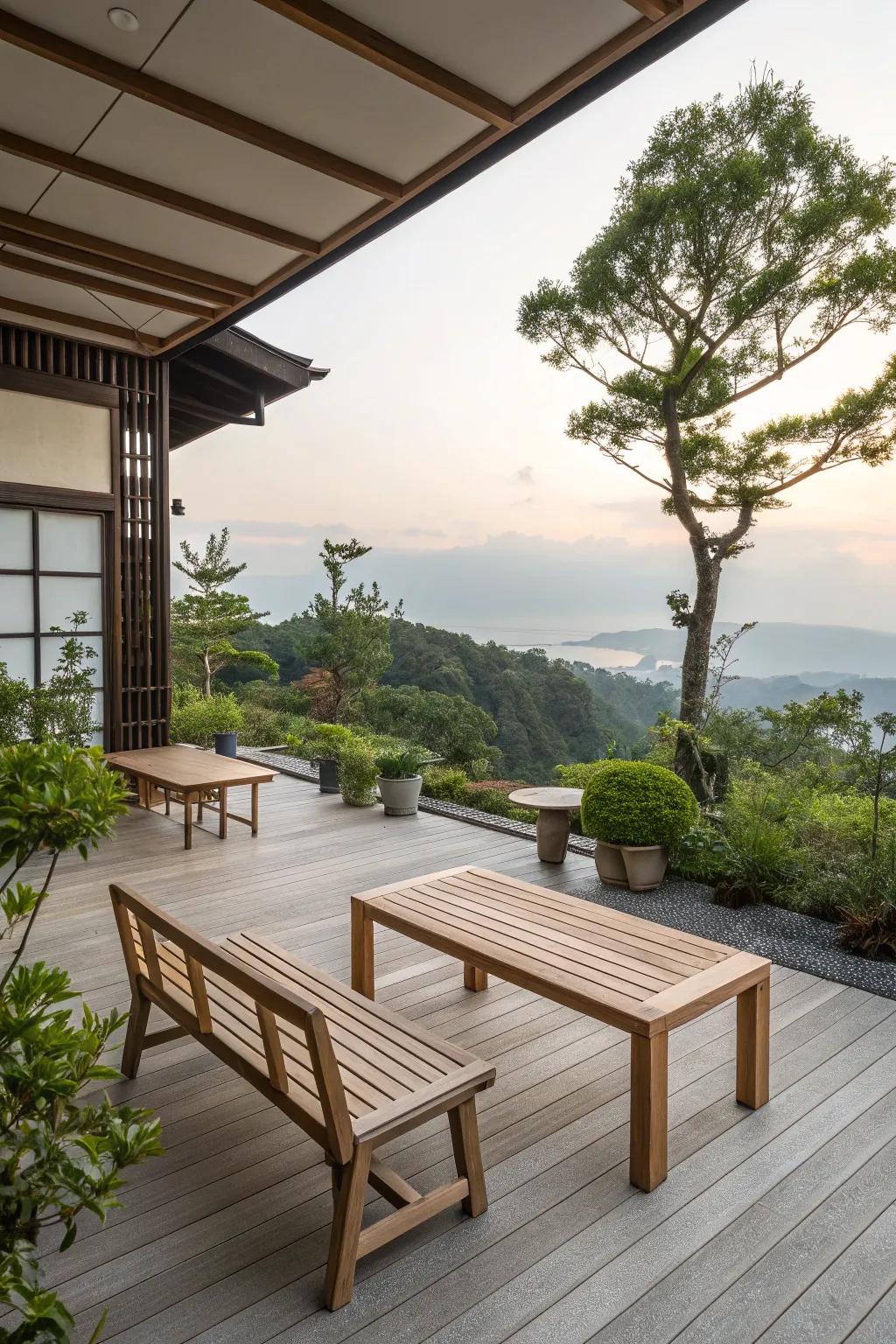 Minimalist wooden furniture enhancing the deck's tranquility.