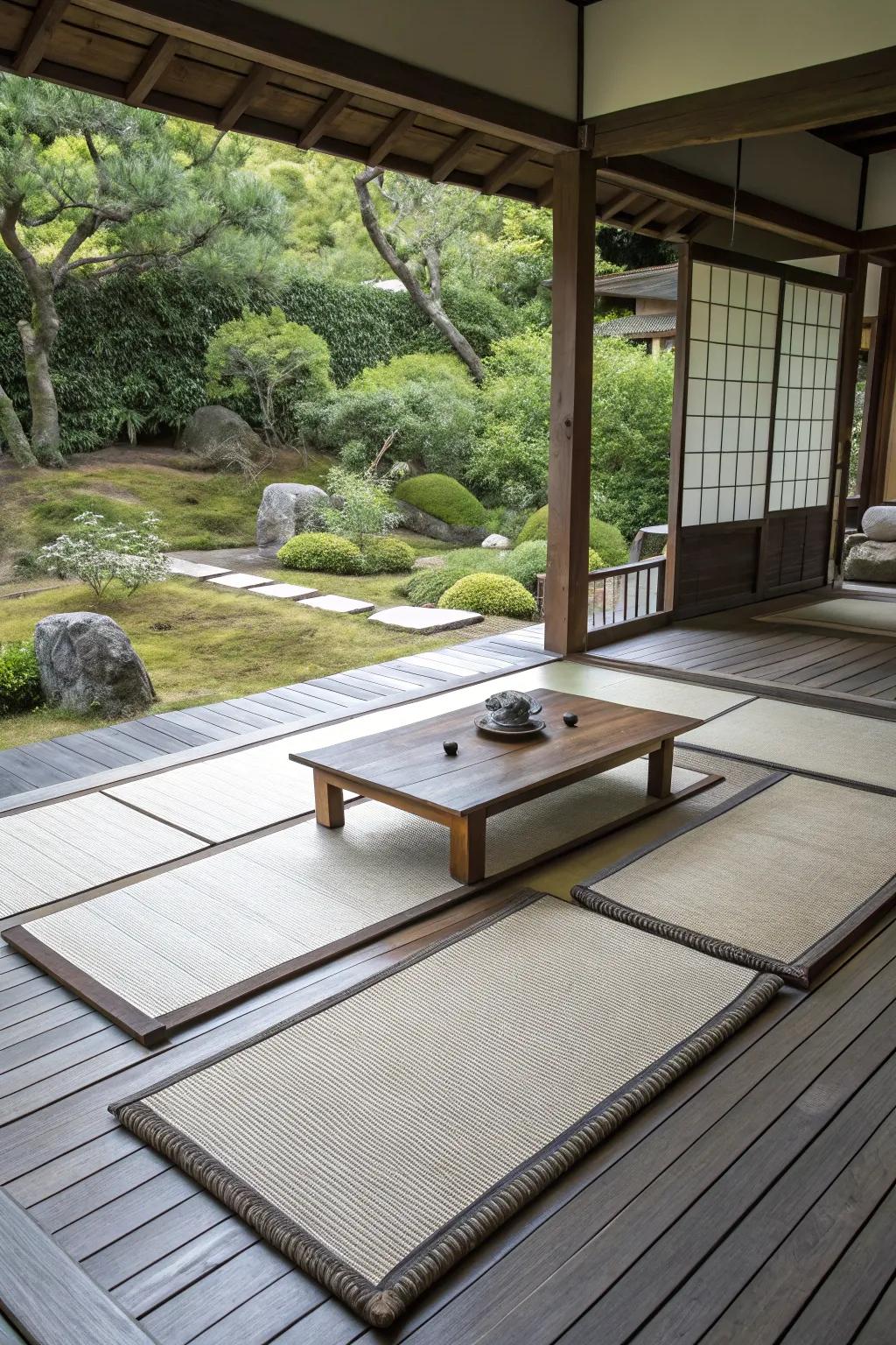 Traditional tatami mats enhancing authentic seating areas.