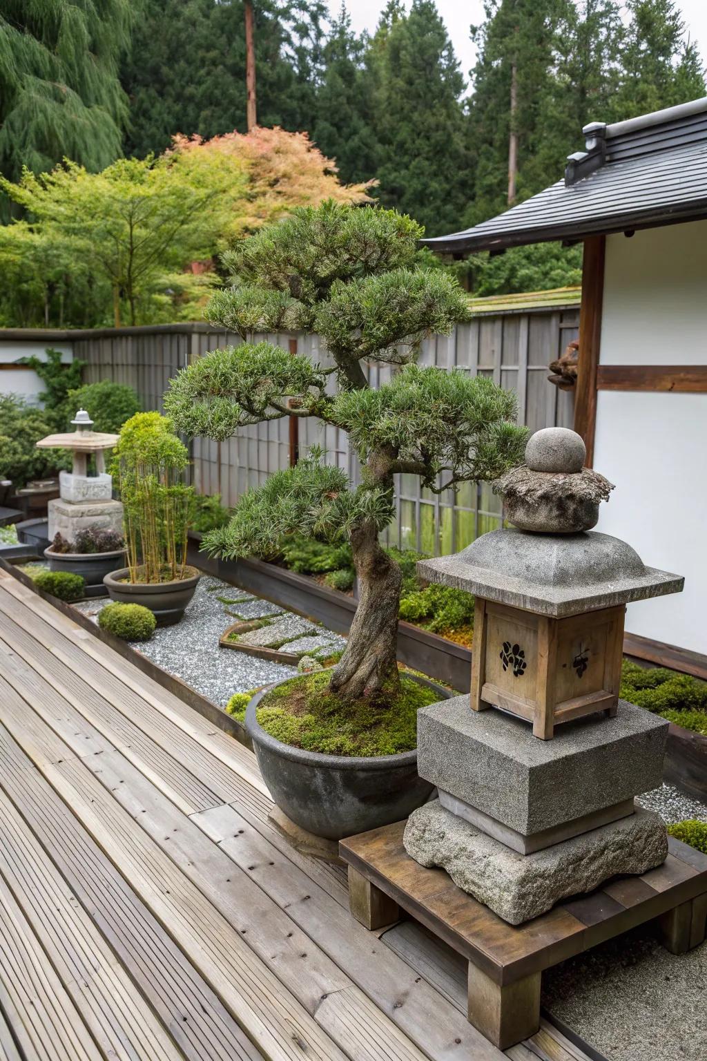 Elegant bonsai trees as special deck accents.