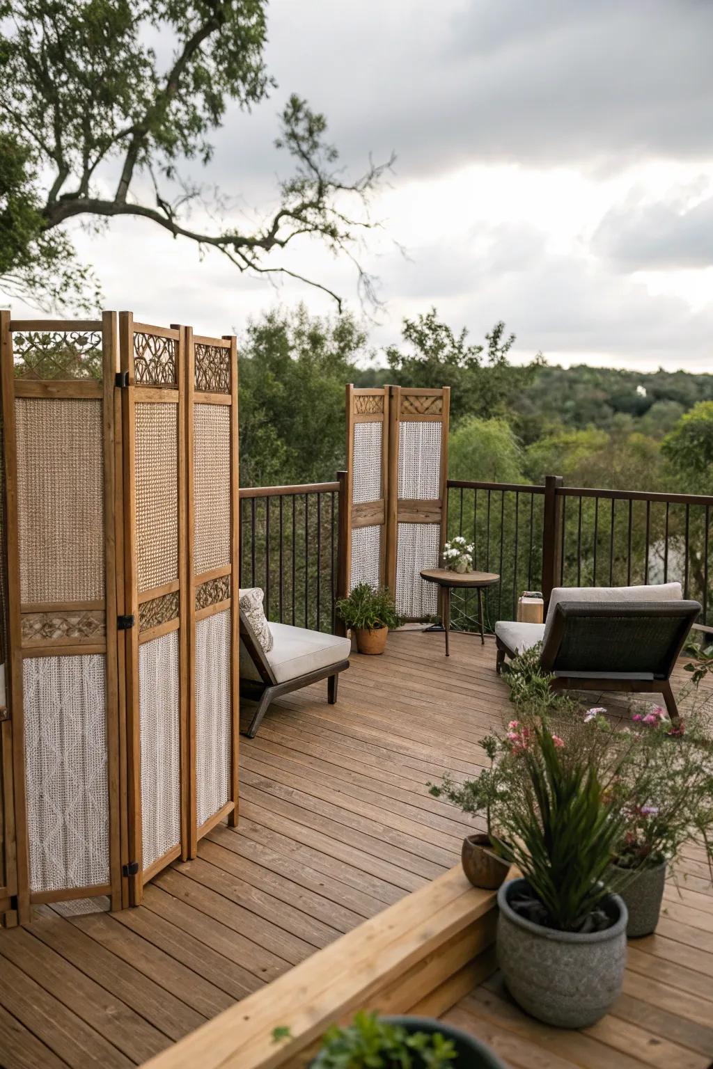 Wooden privacy screens creating cozy, secluded spaces.