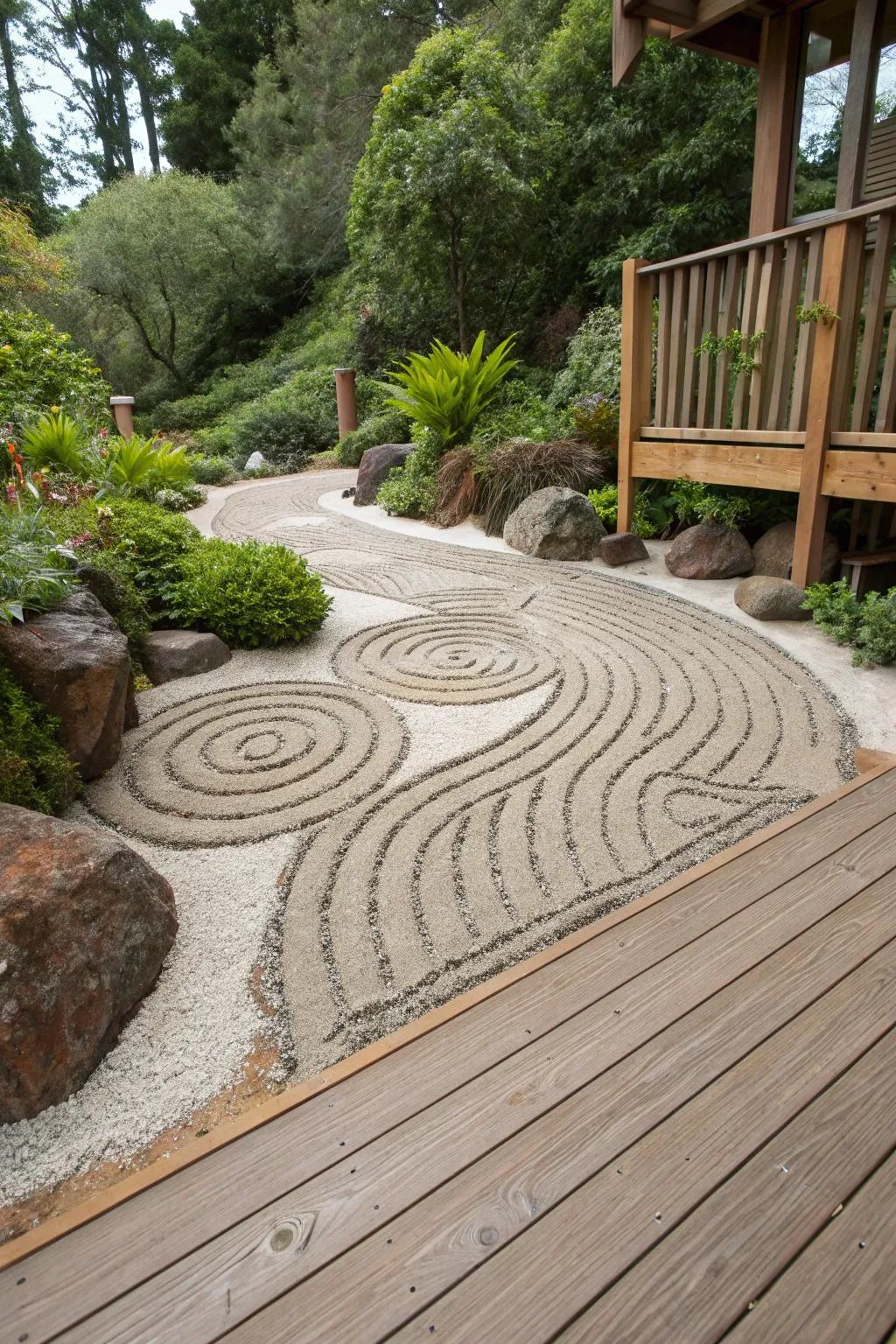 Peaceful Zen gravel patterns crafted with care.