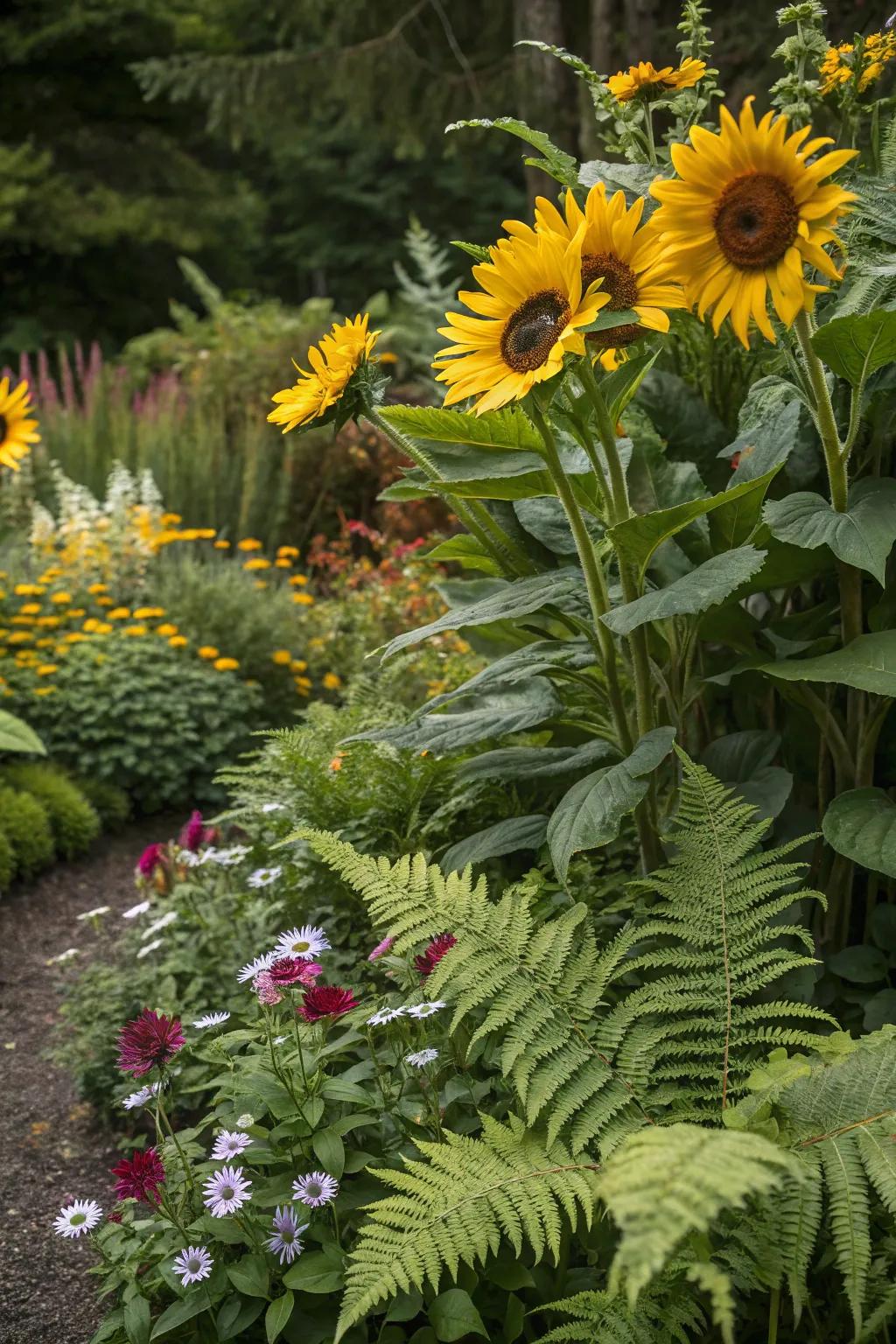 Ferns add texture and softness to vibrant flower beds.