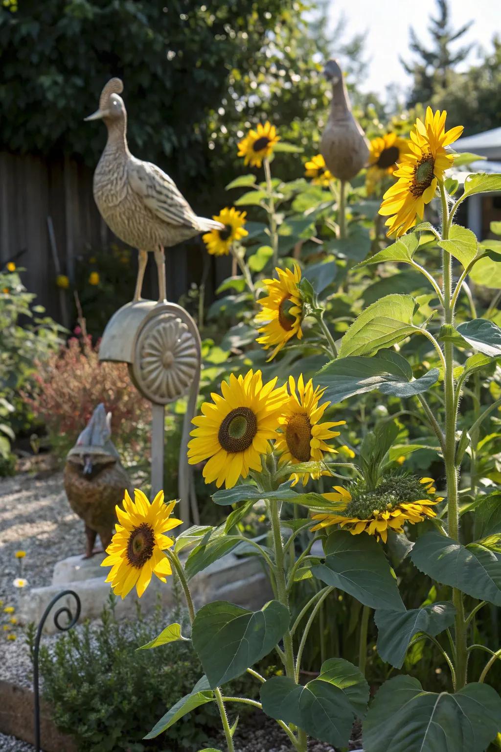 Artistic sculptures bring whimsy and personality to the garden.