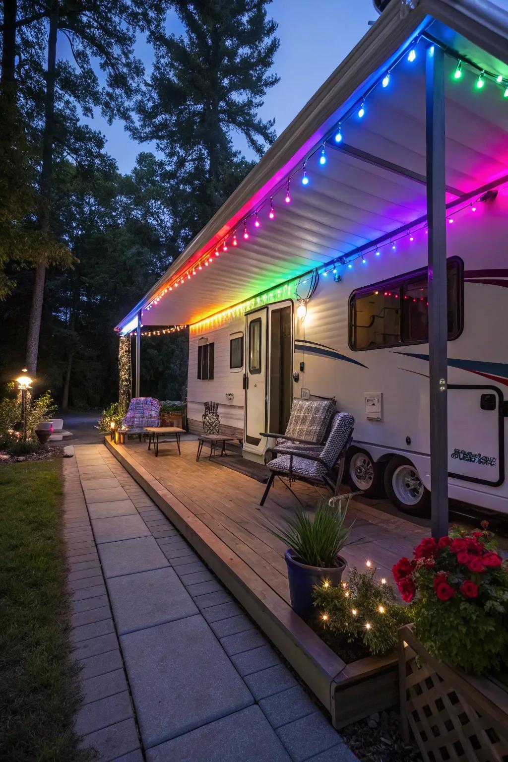 LED strip lights bring vibrant color to your RV porch.