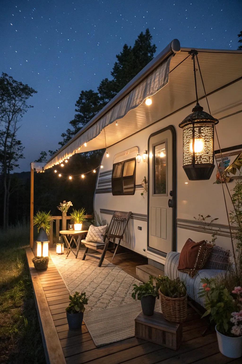 Solar lanterns offer eco-friendly lighting for your RV porch.