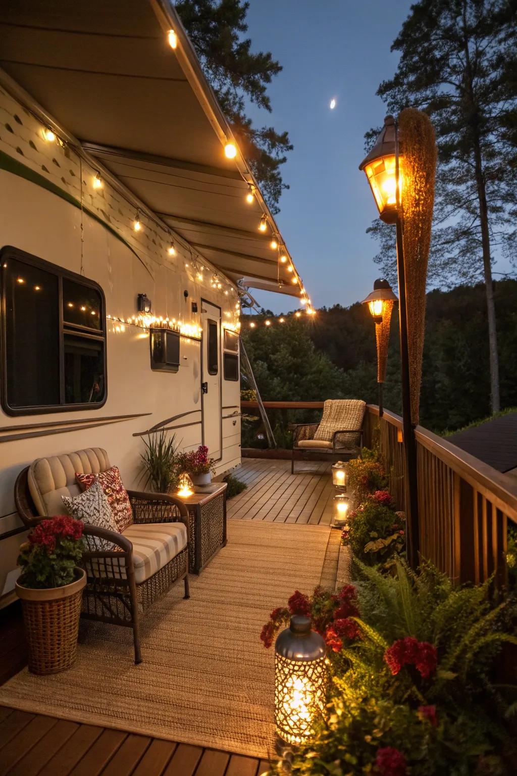 Torch lights turn your RV porch into a festive paradise.