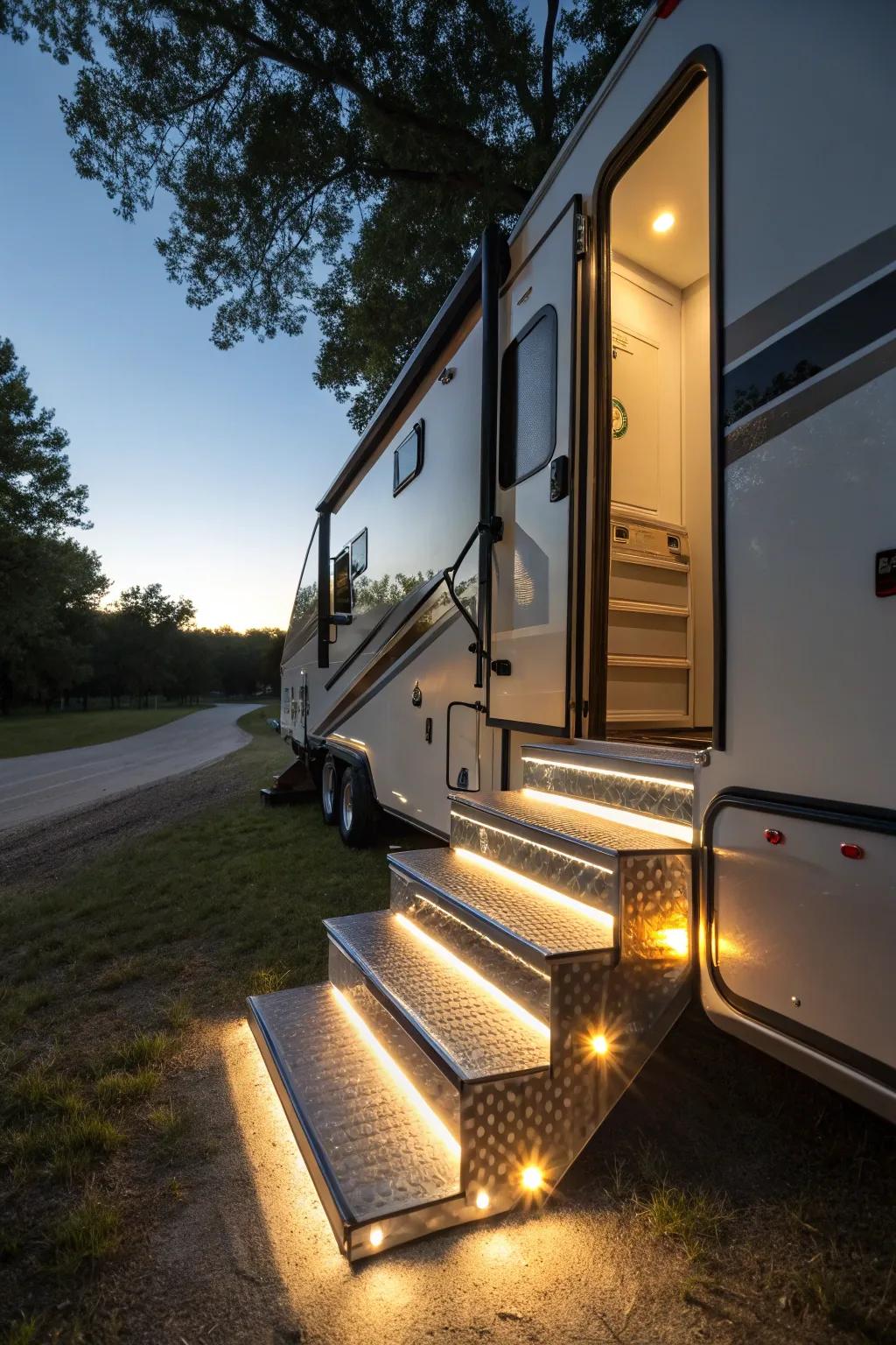 Step lights enhance safety and style on your RV porch.