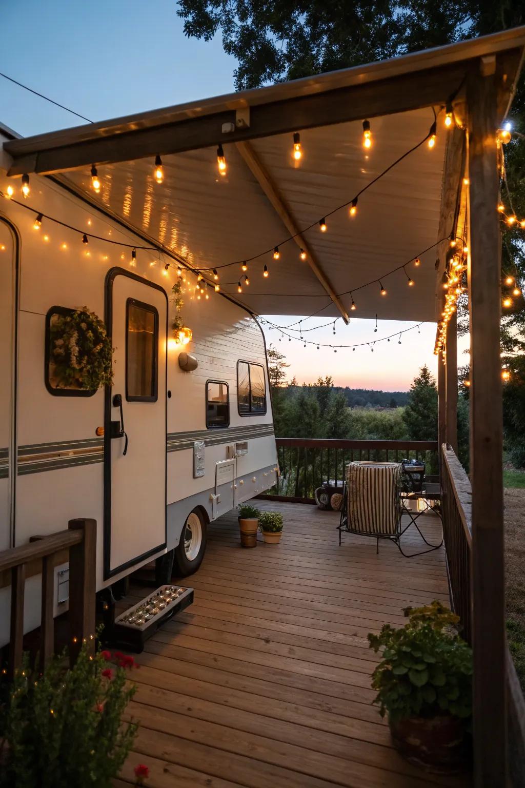 String lights bring a magical ambiance to your RV porch.