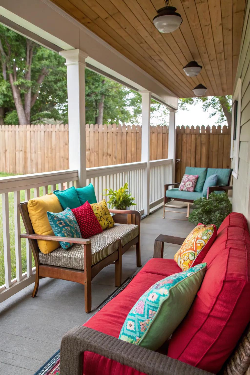 Colorful cushions adding a lively touch to the porch.