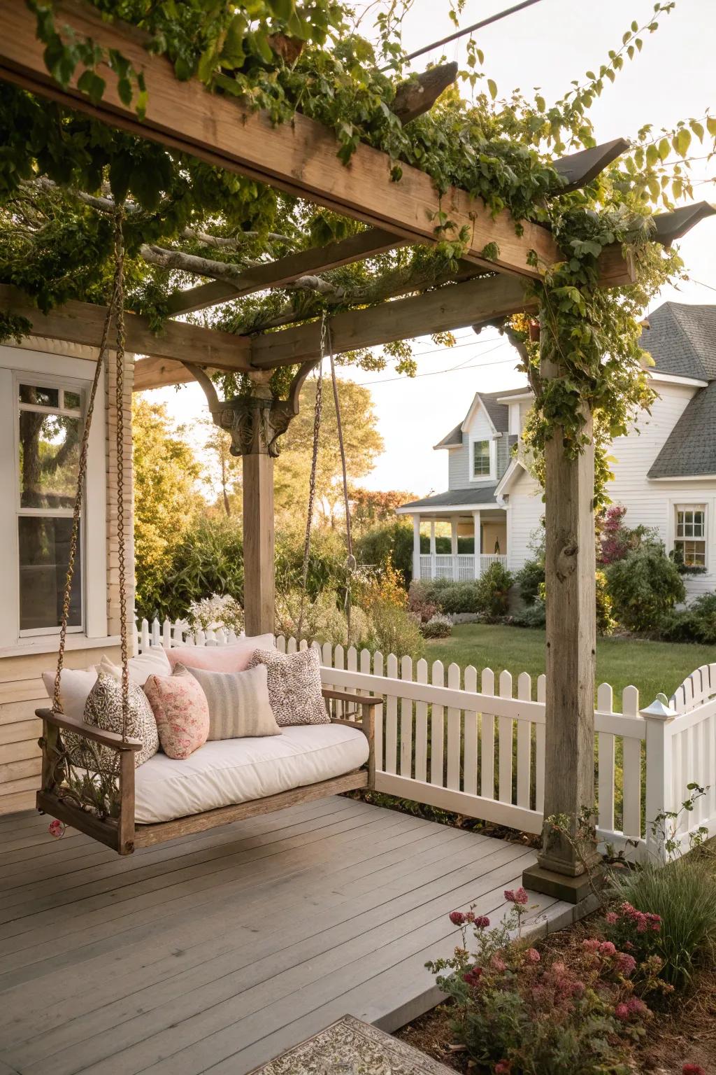 A porch swing providing a perfect relaxation spot.