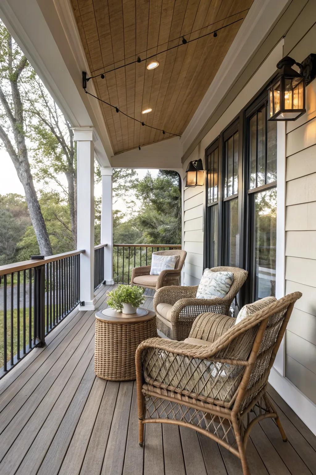 A harmonious blend of materials creating a unique porch style.