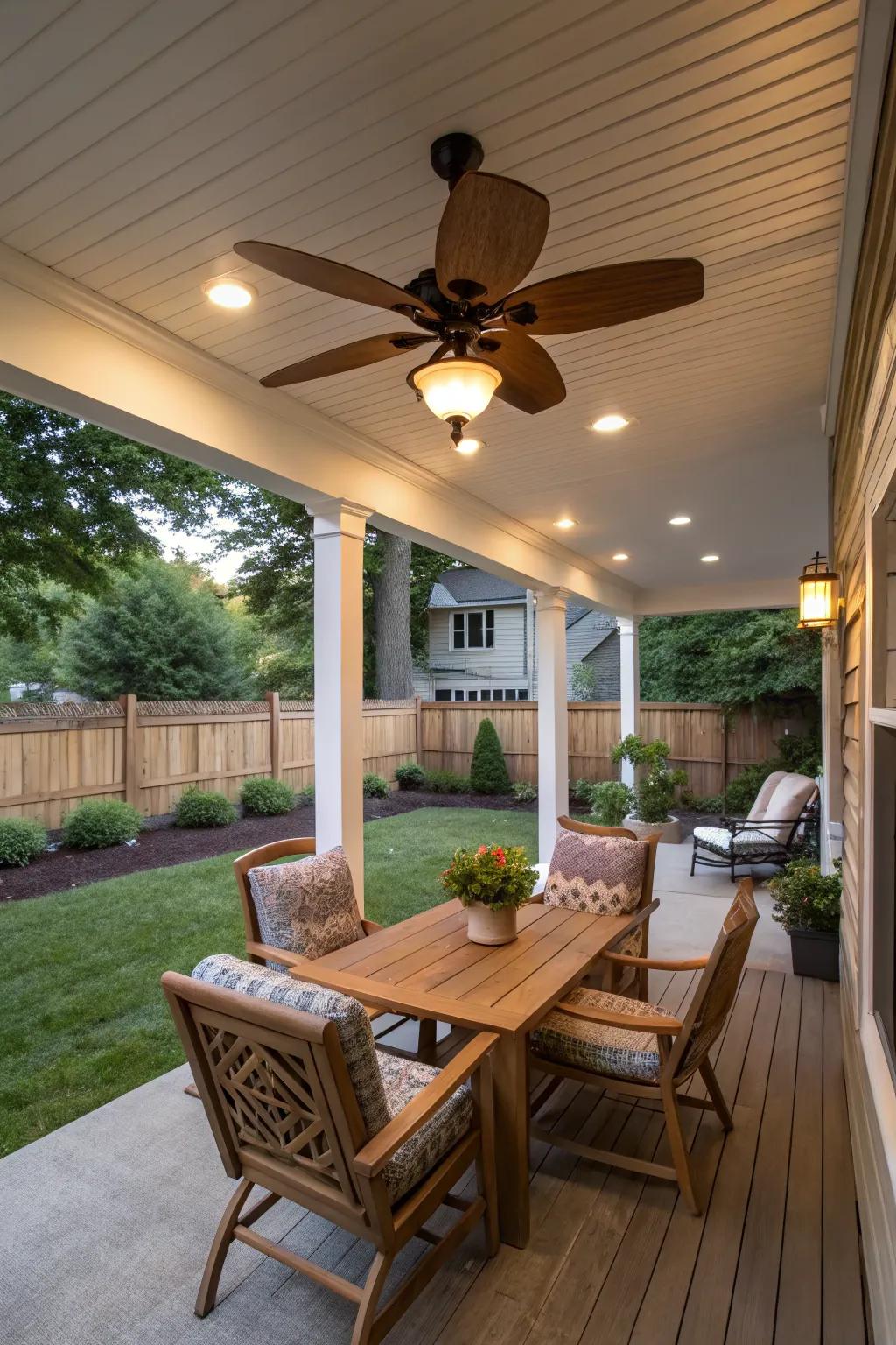 A ceiling fan enhancing comfort on warm porch days.