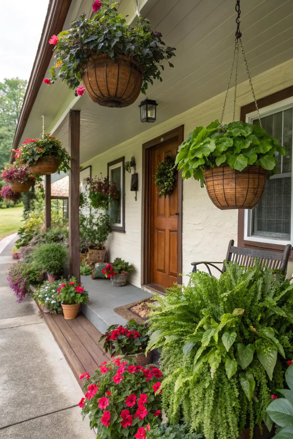 Greenery transforming the porch into a natural oasis.